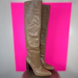 Zara Tan Leather Pointed Toe Over-The-Knee Stack Heel Pull On Boot Sz 39
